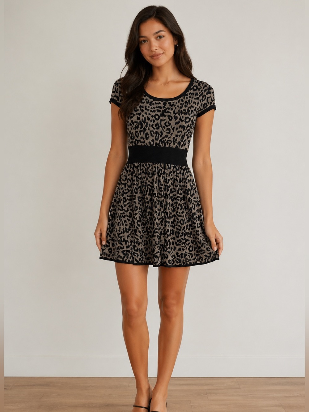 Danny & Nicole dress small black tan abstract print playful fit & flair mini